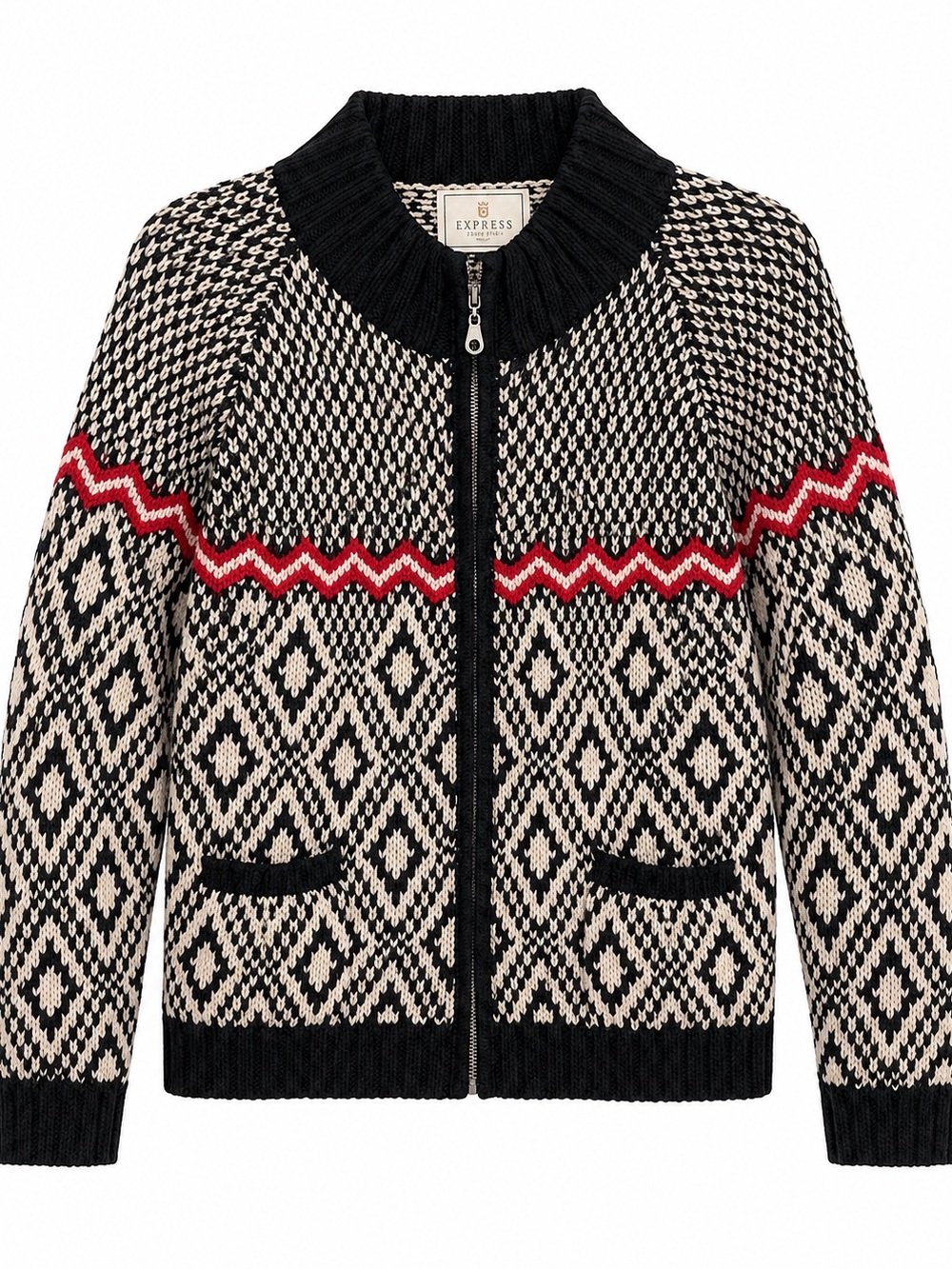 Express Black & Cream Geometric Zip Cardigan with Red Accent